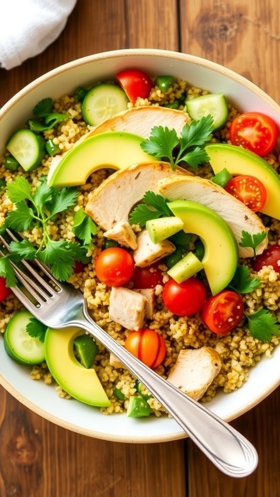 A colorful quinoa chicken avocado salad with quinoa, grilled chicken, avocado, tomatoes, and cucumber in a bowl.